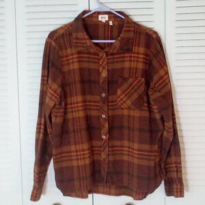 BKE BUCKLE LARGE EASED FLANNEL BUTTON UP 100% COTTON BROWN ORANGE RODEO CAMPING